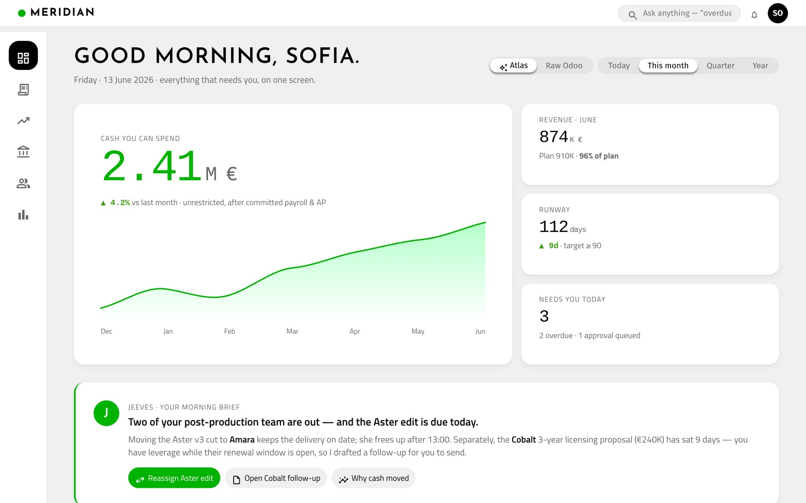 Owner dashboard — cash, revenue vs plan, runway and what needs you, with one accent colour used sparingly