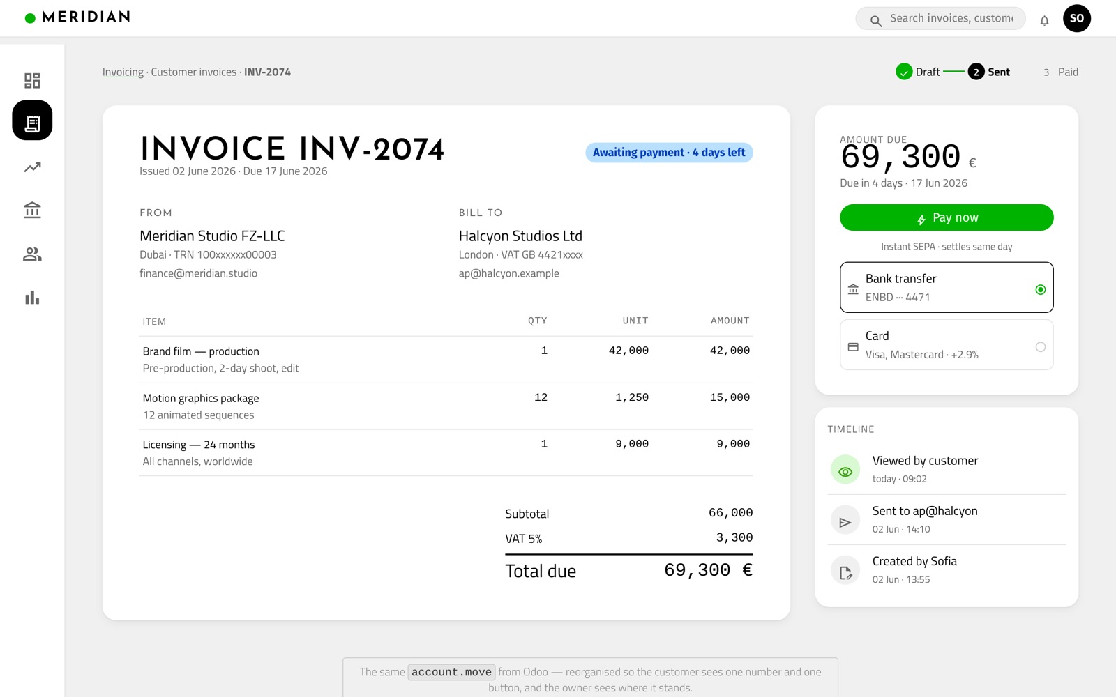 Invoice document — clean payment sheet, status stepper, pay panel and timeline