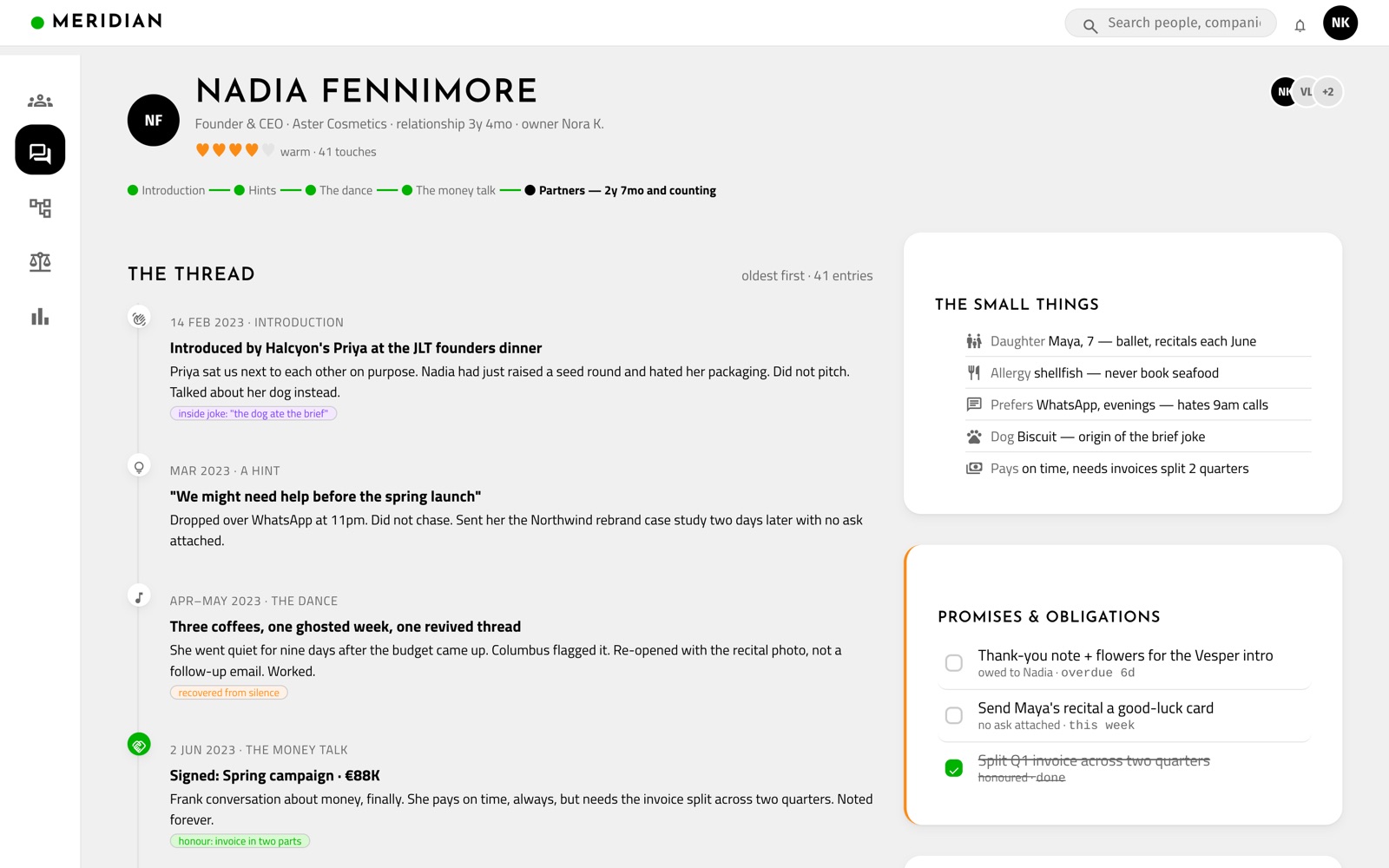 The Thread — a relationship as a long story: phases, captured facts, promises and quiet-detection alerts
